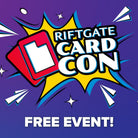 Riftgate CardCon - Colorful comic-style logo with two overlapping red cards and bold text "Riftgate CardCon" on a purple background with.