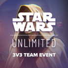 Star Wars Unlimited - A Lawless Time: 3v3 Team Event - Star Wars Unlimited logo in white text over a hooded figure with a dark purple cosmic background.