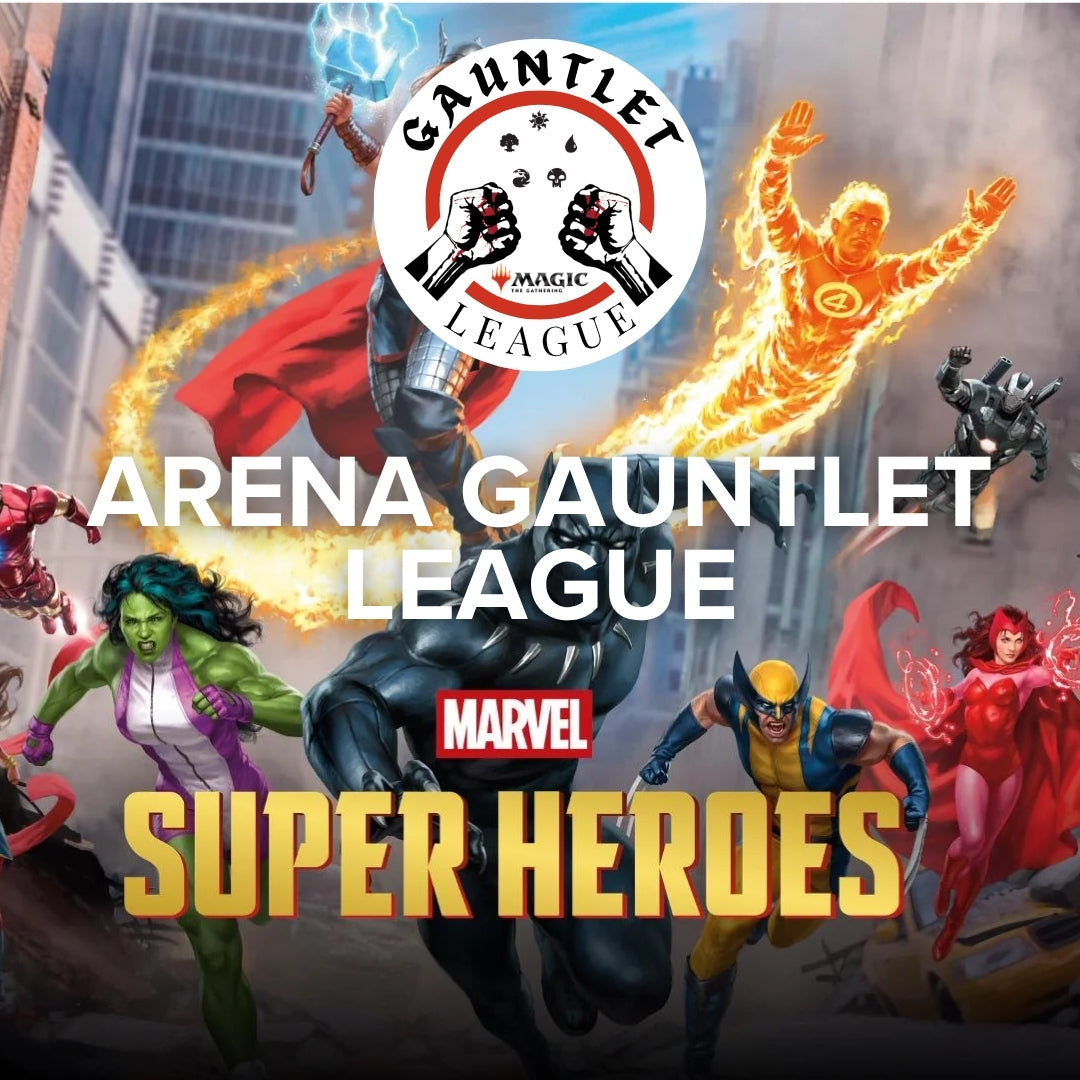 Arena Gauntlet League - Marvel Super Heroes - Marvel Arena Gauntlet League game cover featuring dynamic poses of Hulk, Venom, Ghost Rider, Wolverine, and Daredevil.