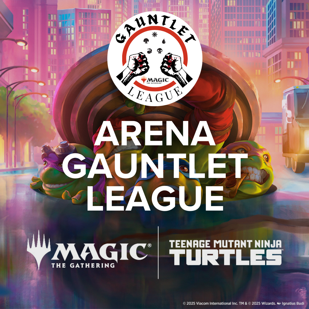 Arena Gauntlet League - TMNT - Round brown gauntlet glove with colorful Teenage Mutant Ninja Turtles characters and Gauntlet League logo above.