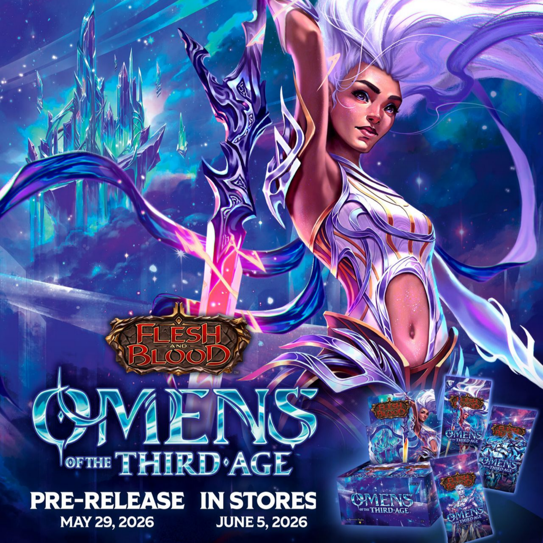 Omen's of the Third Age Prerelease Event - Murray - Fantasy-themed card game promotional artwork featuring a white-haired female warrior in silver armor wielding a glowing.