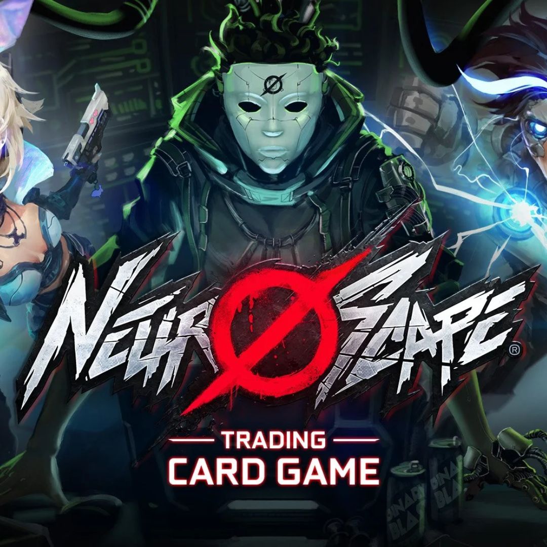 Inaugural Neuroscape Play Night! - Dark futuristic hooded figure wearing a white mask with a brain symbol, glowing green accents, and the NeuroScape logo with.