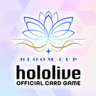 Hololive - Bloom Cup: Yukihana Lamy - Stylized blue and gold lotus flower logo with "Bloom Cup" and "hololive Official Card Game" text on pastel gradient.