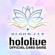 Hololive - Bloom Cup: Yukihana Lamy - Stylized blue and gold lotus flower logo with "Bloom Cup" and "hololive Official Card Game" text on pastel gradient.