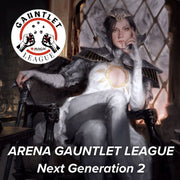 Arena Gauntlet League - Next Generation 2 - Black and silver form-fitting mage costume with a sun emblem and a high collar on a seated woman.
