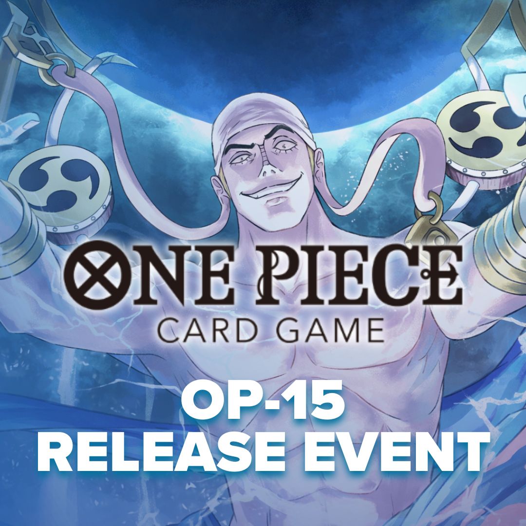 One Piece OP-15 Release Event - Blue-themed poster with a menacing purple octopus character holding golden coins, featuring bold "One Piece Card Game OP-15.