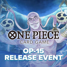 One Piece OP-15 Release Event - Blue-themed poster with a menacing purple octopus character holding golden coins, featuring bold "One Piece Card Game OP-15.