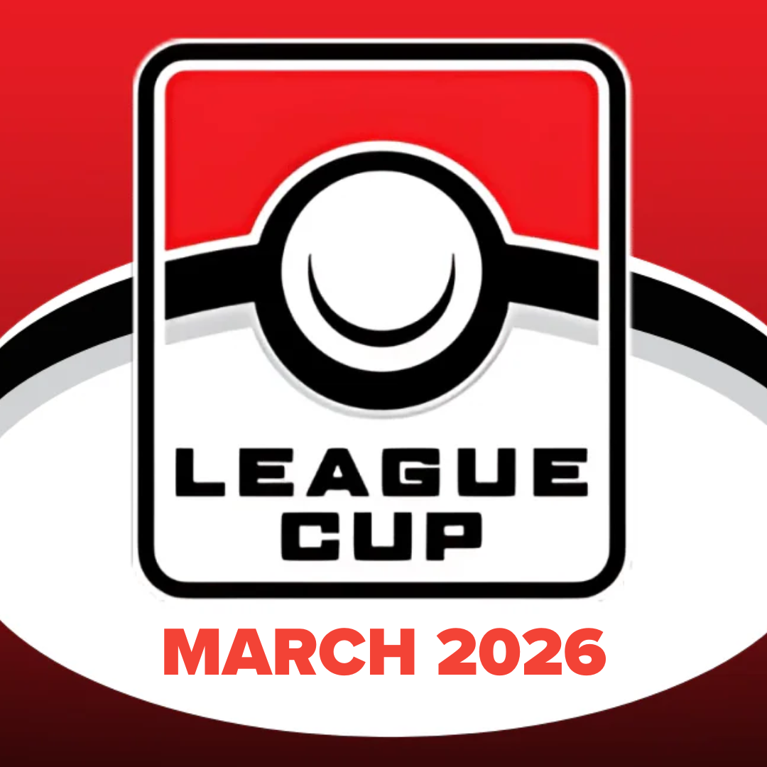 Play! Pokemon League Cup - March - Red and white graphic featuring a stylized Poké Ball with "League Cup" text and "March 2026" below in bold letters.