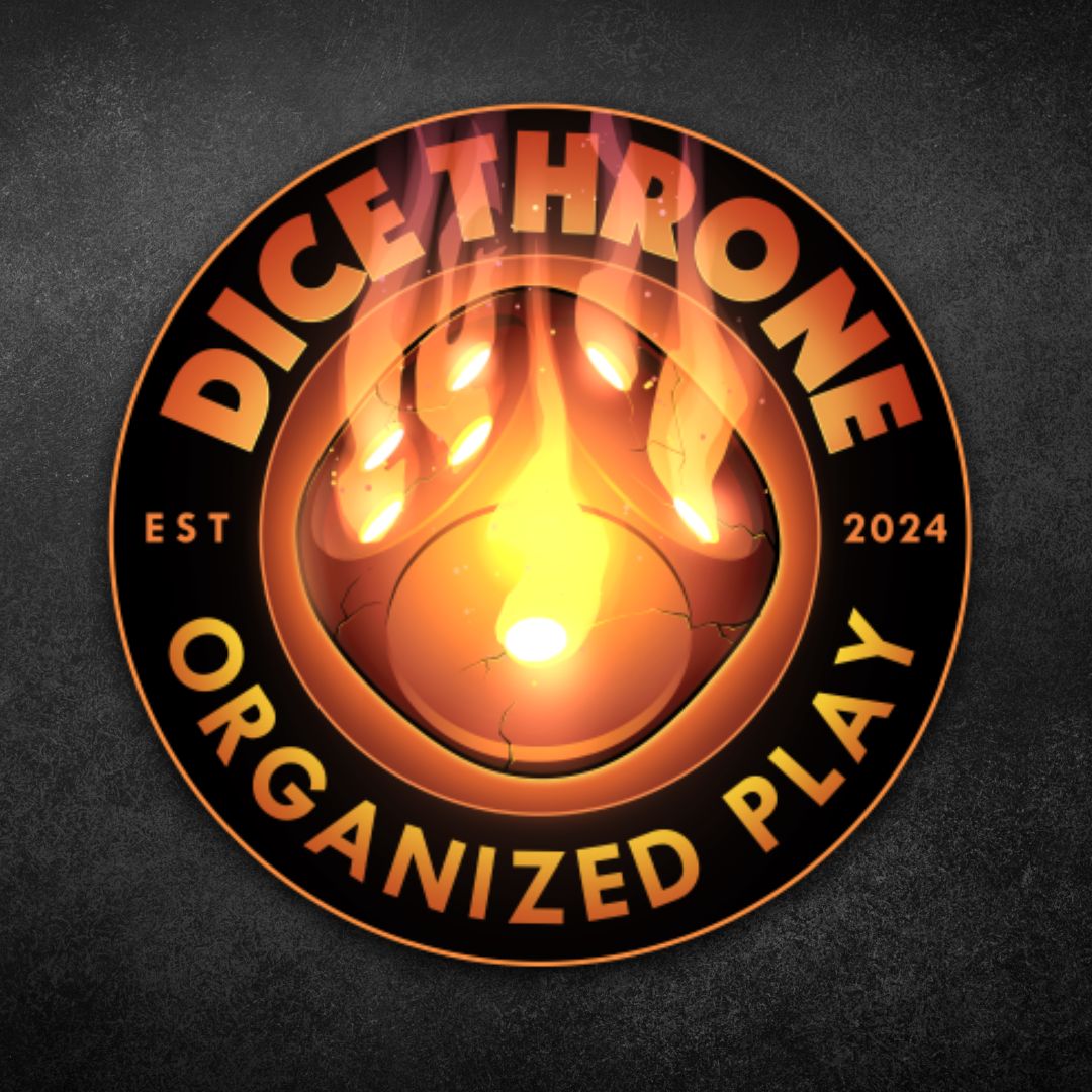 Dice Throne Tournament - April - Round black and orange emblem with a flaming orange die in the center, text "Dice Throne Organized Play" and "EST 2024".