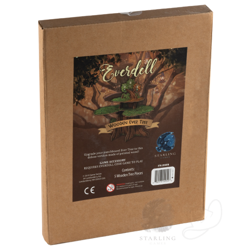 Everdell: Wooden Ever Tree (PREORDER) - Brown cardboard box with illustrated label featuring a wooden tree game expansion for Everdell.