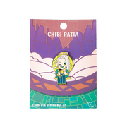 Critical Role Chibi Pin - Patia Por'co - Chibi enamel pin of Patia Por’co with blonde hair, green and gold robes, and a cheerful expression on a colorful card.