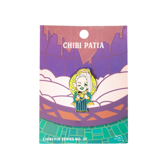 Critical Role Chibi Pin - Patia Por'co - Chibi enamel pin of Patia Por’co with blonde hair, green and gold robes, and a cheerful expression on a colorful card.