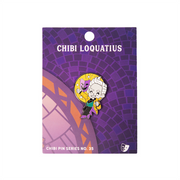 Critical Role Chibi Pin - Loquatius Seelie - Small enamel pin featuring a chibi character with white hair and purple clothing, holding a glowing yellow orb on a card.