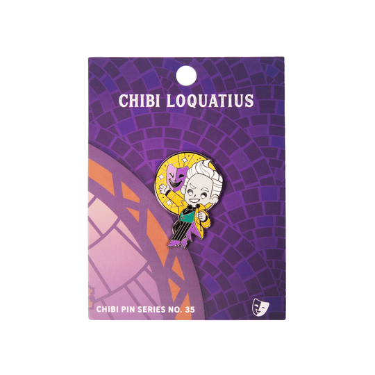 Critical Role Chibi Pin - Loquatius Seelie - Small enamel pin featuring a chibi character with white hair and purple clothing, holding a glowing yellow orb on a card.