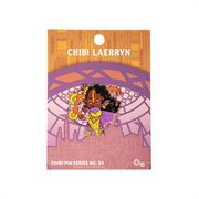 Critical Role Chibi Pin - Laerryn Coramar-Seelie - Chibi enamel pin of Laerryn Coramar-Seelie with dark skin, curly black hair, and purple and gold outfit on purple and orange