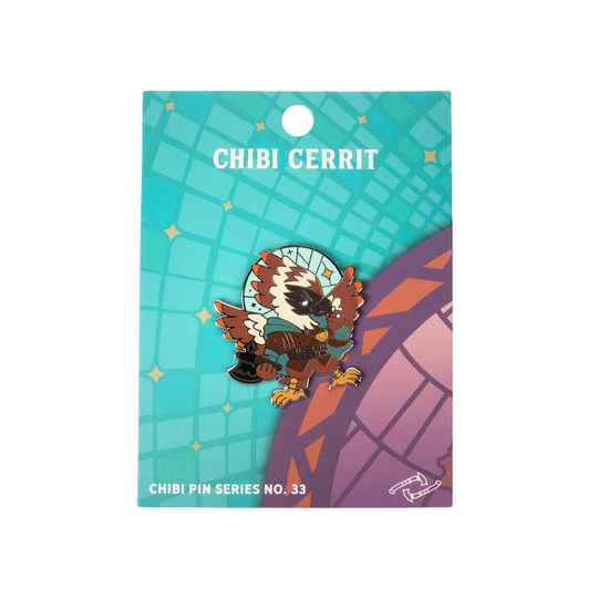 Critical Role Chibi Pin - Cerrit Agrupnin - Chibi-style enamel pin of Cerrit Agrupnin, a small bird-like character with white, brown, and black feathers, gold talons,.