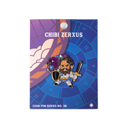 Critical Role Chibi Pin - Zerxus Ilerez - Chibi-style enamel pin of Zerxus Ilerez with dark hair, armor, sword, and shield on a blue-purple backing card.