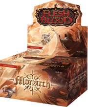 Flesh and Blood - Monarch Booster Box (Unlimited Edition) - Brown and orange Monarch-themed booster box with fantasy artwork and Flesh and Blood logo.
