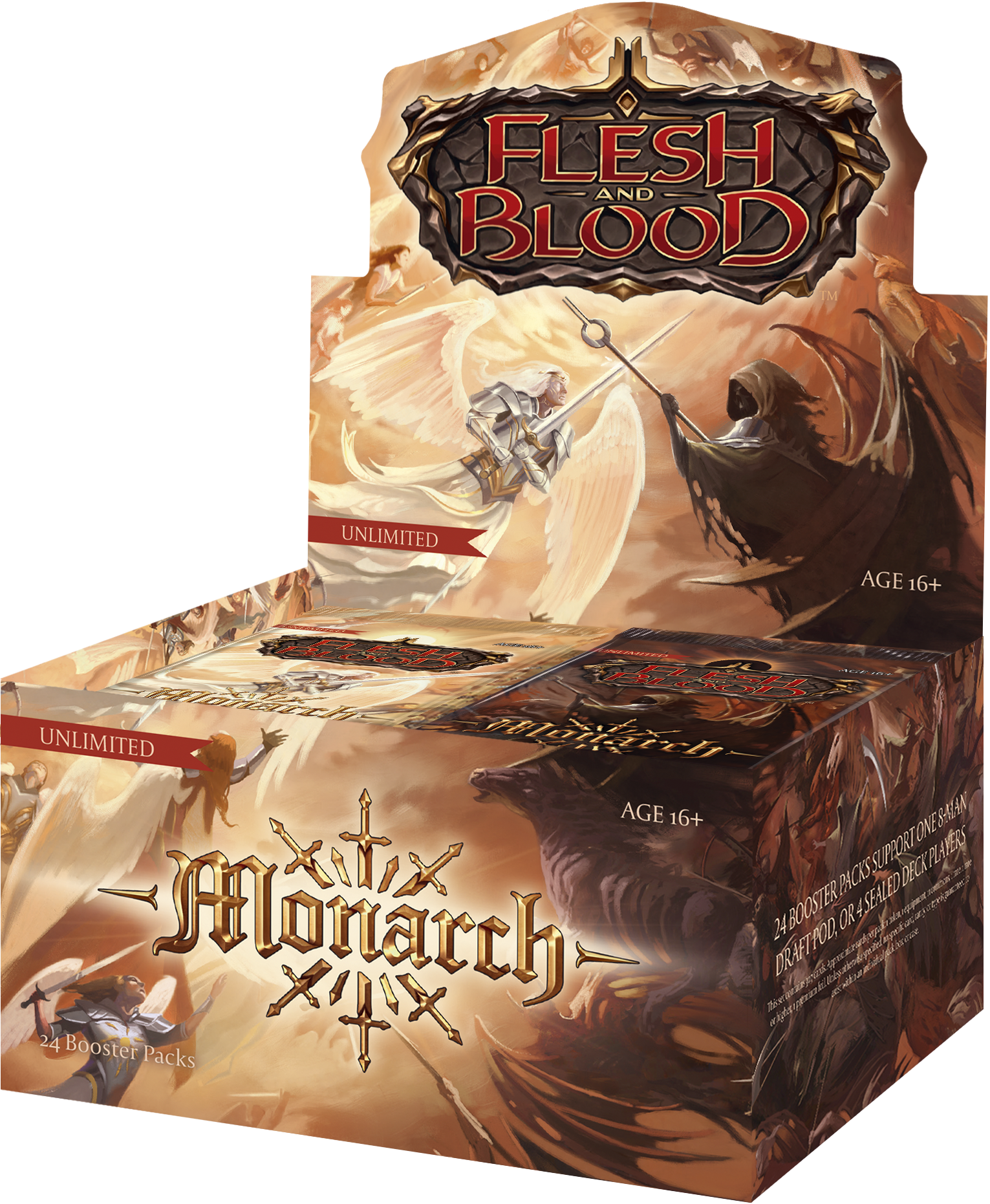 Flesh and Blood - Monarch Booster Box (Unlimited Edition) - Brown and orange Monarch-themed booster box with fantasy artwork and Flesh and Blood logo.