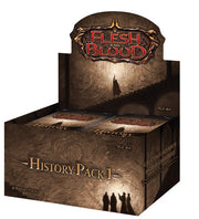 Flesh and Blood - History Pack 1 - Booster Box - Brown booster box with embossed fantasy artwork, red Flesh and Blood logo, and gold "History Pack 1" text.