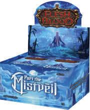 Flesh and Blood: Part the Mistveil Booster Box - Blue rectangular booster box with fantasy artwork of a misty mountain peak and dark silhouettes on the sides, labeled "Flesh