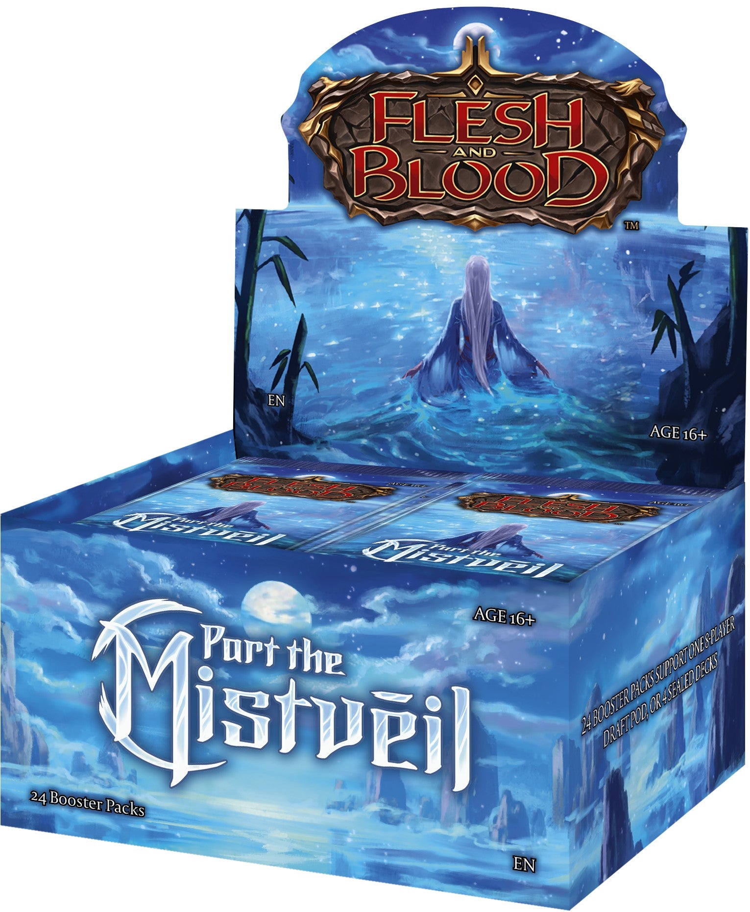 Flesh and Blood: Part the Mistveil Booster Box - Blue rectangular booster box with fantasy artwork of a misty mountain peak and dark silhouettes on the sides, labeled "Flesh