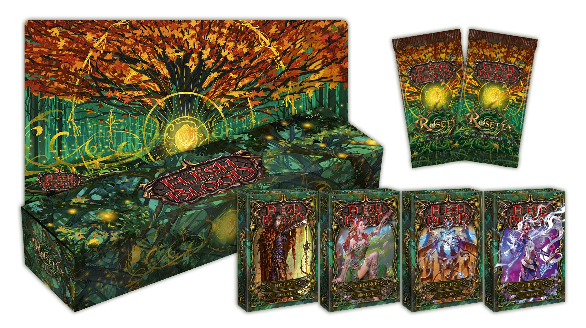 Flesh and Blood - Rosetta - Blitz Deck Collection - Flesh and Blood Rosetta Blitz Deck Collection featuring a colorful illustrated box and four character card decks with.