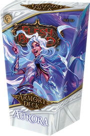 Flesh and Blood: Armory Deck Aurora - Colorful deck box with fantasy warrior woman in silver and blue armor, white flowing hair, and glowing sword, labeled Flesh.