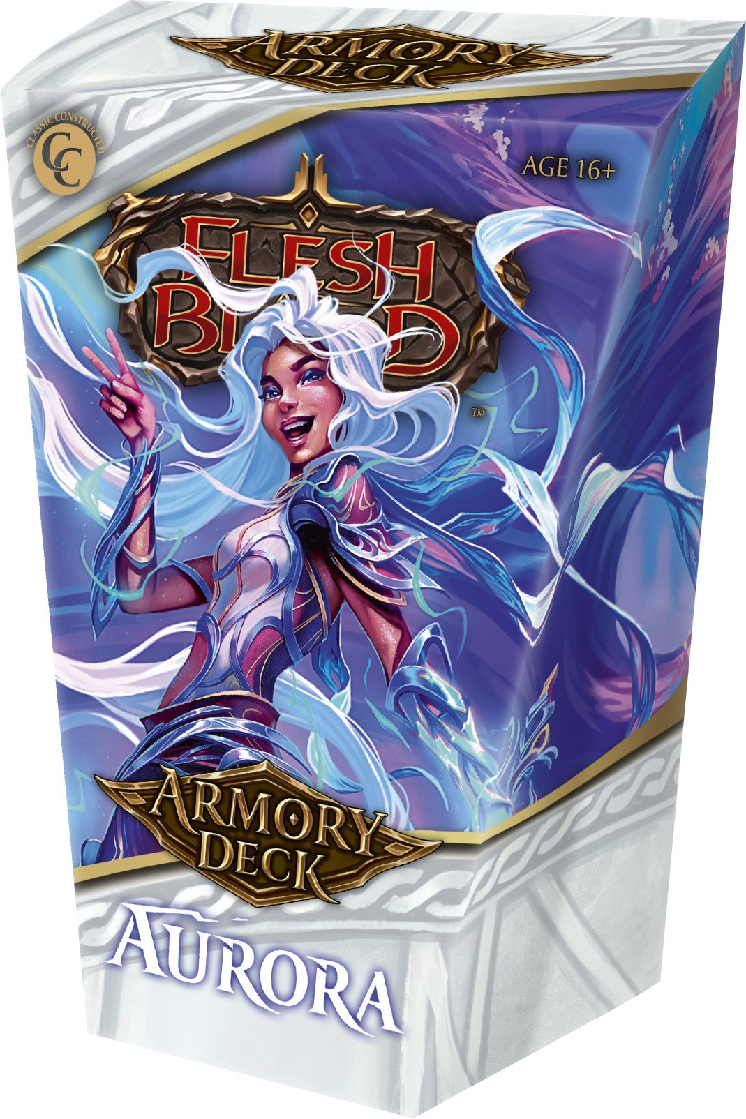 Flesh and Blood: Armory Deck Aurora - Colorful deck box with fantasy warrior woman in silver and blue armor, white flowing hair, and glowing sword, labeled Flesh.