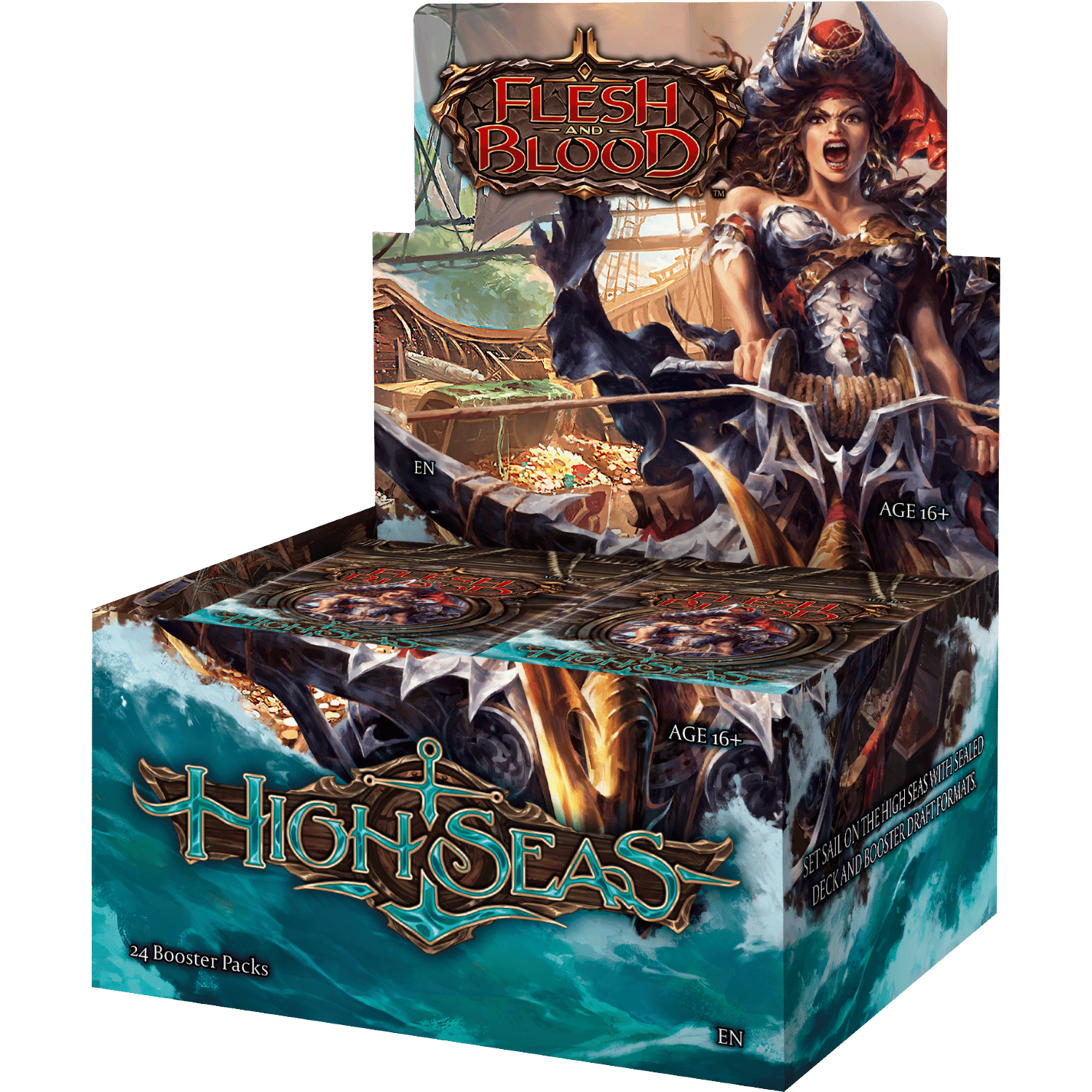 Flesh and Blood: High Seas Booster Box - Colorful trading card booster box with fantasy warrior artwork and "High Seas" title on ocean-themed packaging.