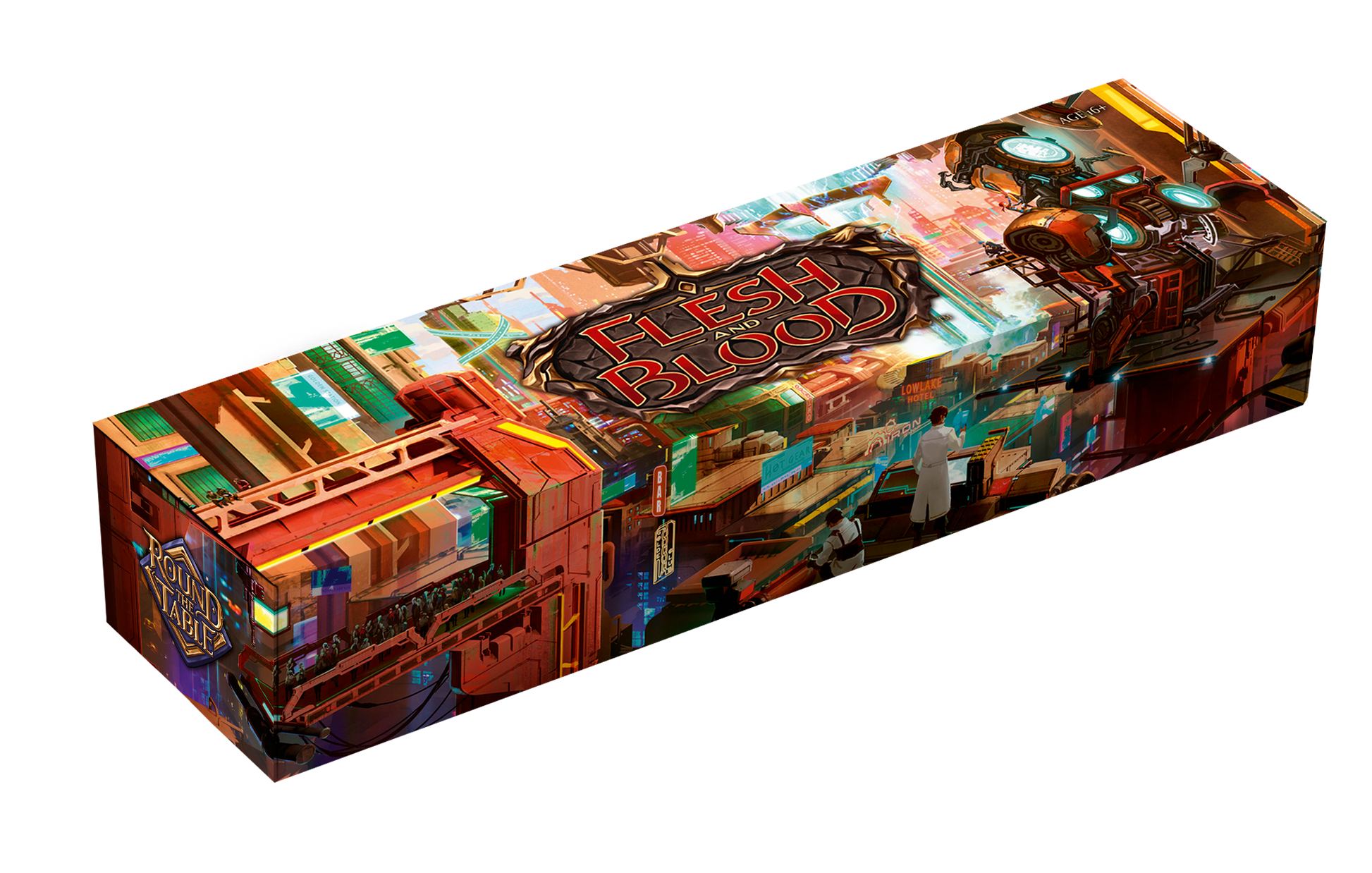 Flesh and Blood - Round the Table - Colorful rectangular booster box with vibrant fantasy artwork and bold "Flesh and Blood" logo on top.