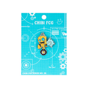 Critical Role Chibi Pin - Fresh Cut Grass - Yellow and black robot chibi enamel pin with blue eyes on blue technical blueprint backing card.