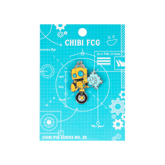 Critical Role Chibi Pin - Fresh Cut Grass - Yellow and black robot chibi enamel pin with blue eyes on blue technical blueprint backing card.