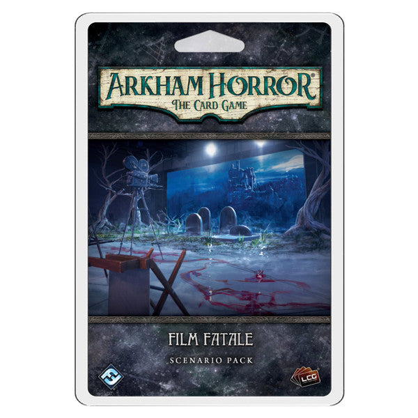 Arkham Horror LCG: Film Fatale Scenario Pack - Arkham Horror card game expansion pack with dark blue, black, and grey cover art featuring a shadowy graveyard scene and.