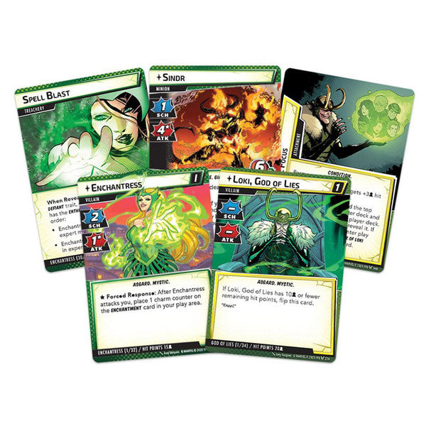 Marvel Champions LCG: Trickster Takeover Scenario Pack - Set of colorful Marvel Champions LCG cards featuring green, red, and yellow fantasy illustrations and game text.