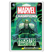 Marvel Champions LCG: Trickster Takeover Scenario Pack - Marvel Champions Trickster Takeover Scenario Pack with green and black Loki artwork on card game expansion packaging.