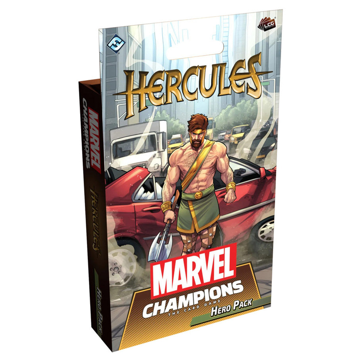 Marvel Champions: The Card Game - Hercules Hero Pack (PREORDER) - Marvel Champions Hercules Hero Pack with muscular hero holding a large hammer, city background, comic art style card game.