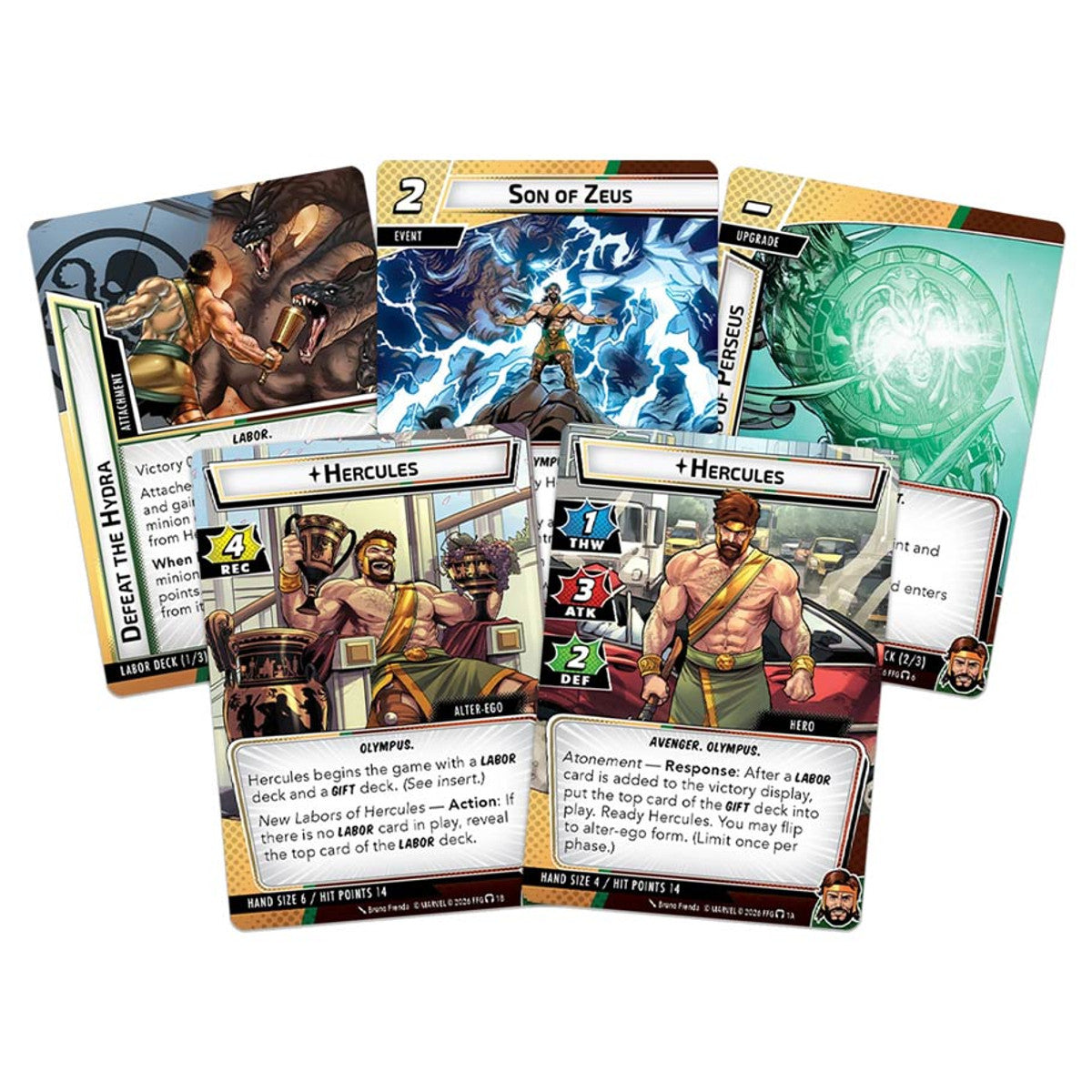 Marvel Champions: The Card Game - Hercules Hero Pack (PREORDER) - Set of six Marvel Champions card game expansion cards featuring Hercules with dynamic comic-style artwork and vibrant colors.