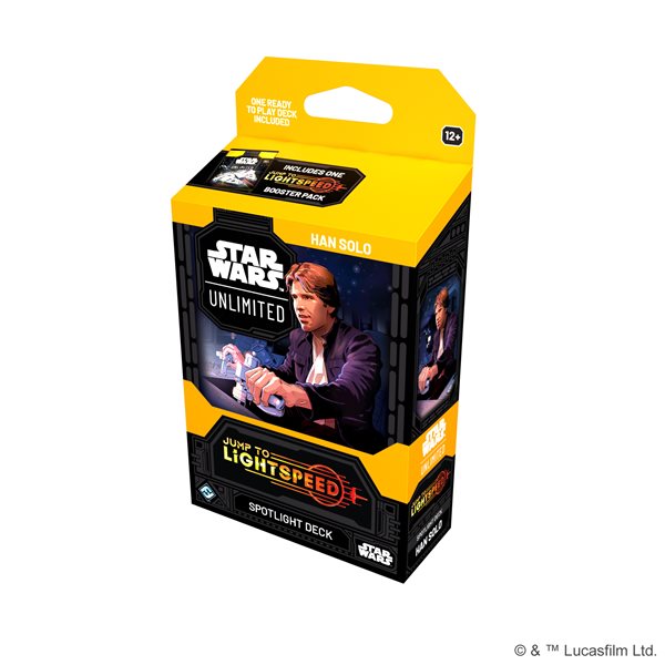 Star Wars: Unlimited - Jump to Lightspeed - Han Solo Spotlight Deck - Black and yellow Star Wars Unlimited card deck box featuring Han Solo with a blaster, labeled Jump to Lightspeed Spotlight.