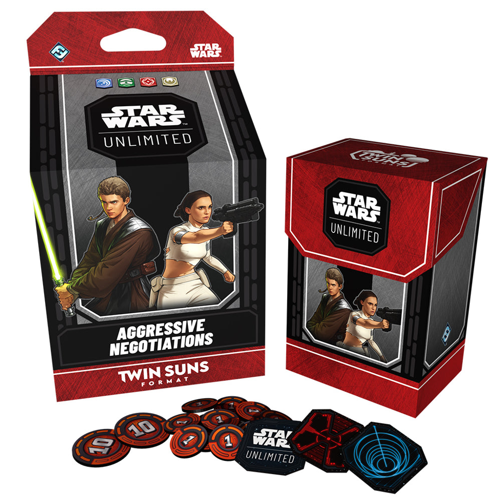 Aggressive Negotiations: Anakin Skywalker and Padme Amidala Twin Suns Deck - Star Wars Unlimited Aggressive Negotiations Twin Suns card deck in black and red box featuring Anakin Skywalker and Padme.