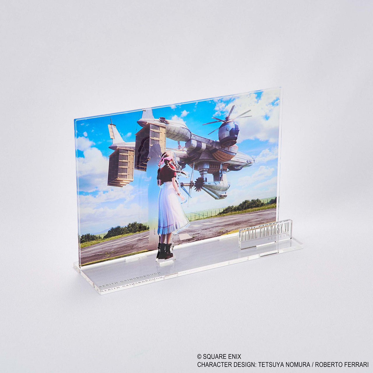 Final Fantasy VII Rebirth Acrylic Diorama - Aerith (PREORDER) - Clear acrylic diorama featuring Aerith standing on a runway with a detailed futuristic aircraft and a blue sky background.