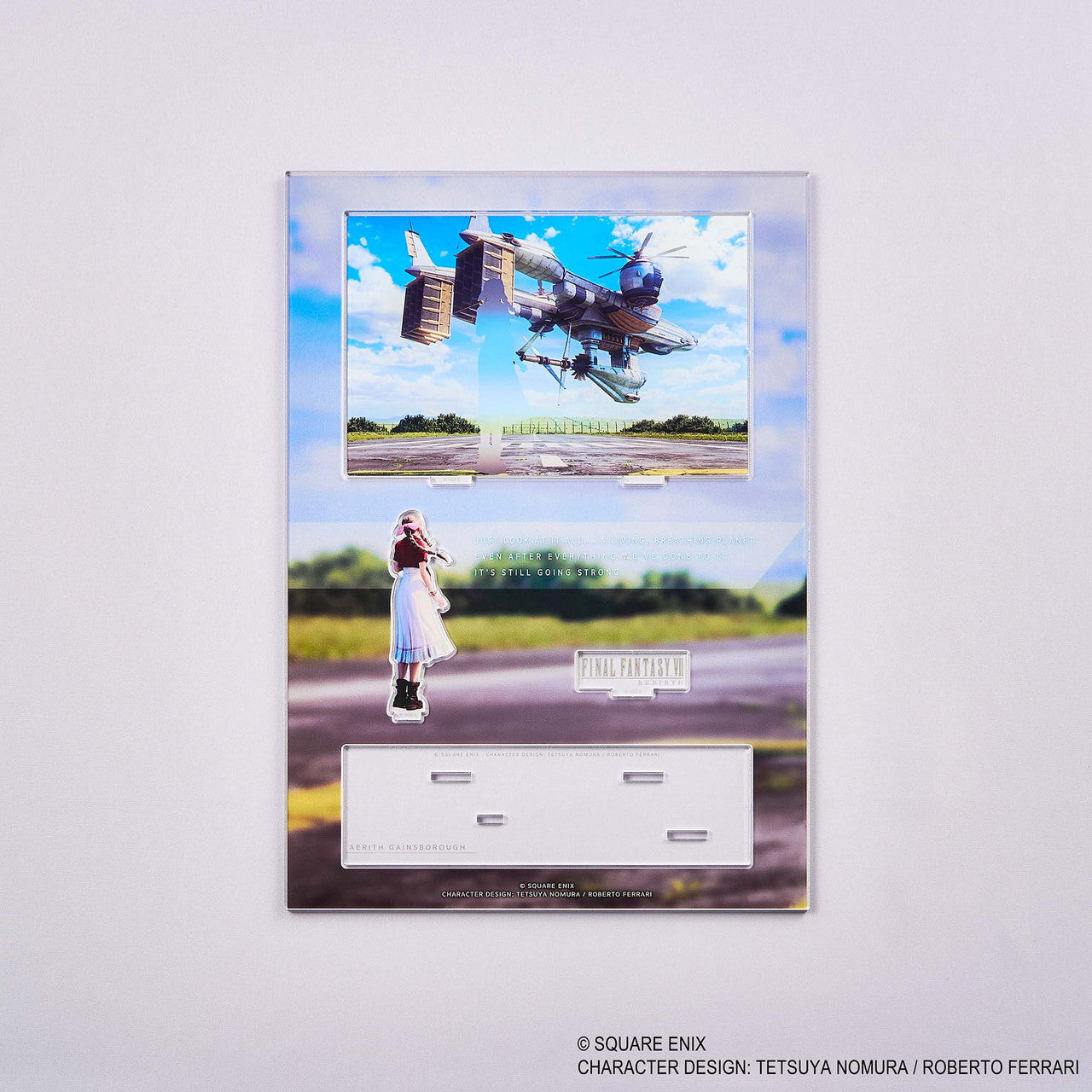 Final Fantasy VII Rebirth Acrylic Diorama - Aerith (PREORDER) - Clear acrylic diorama featuring Aerith standing on a runway with a blue sky and aircraft background, vibrant colors.