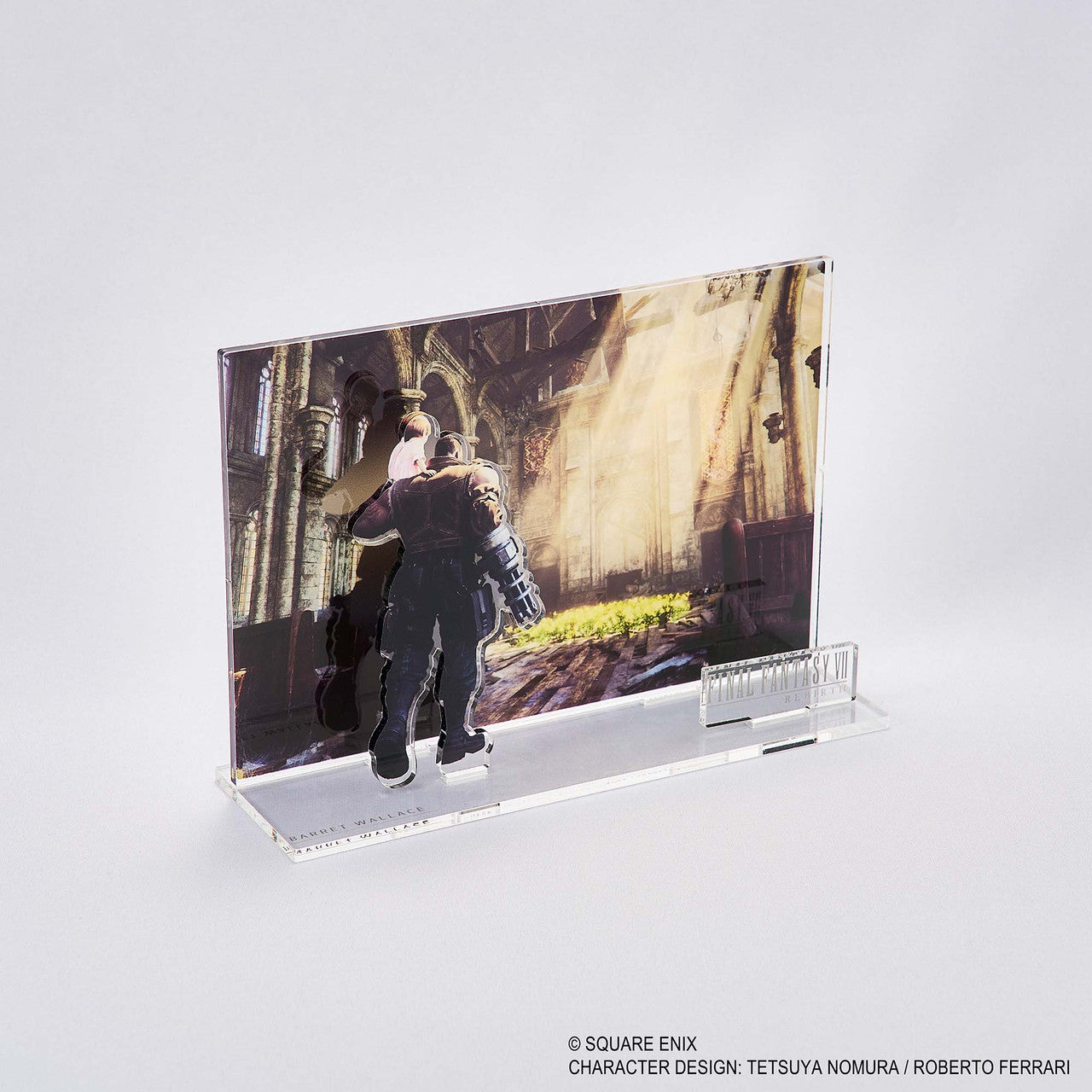 Final Fantasy VII Rebirth Acrylic Diorama - Barret (PREORDER) - Final Fantasy VII Barret acrylic diorama with vibrant character art and scenic background on clear stand.