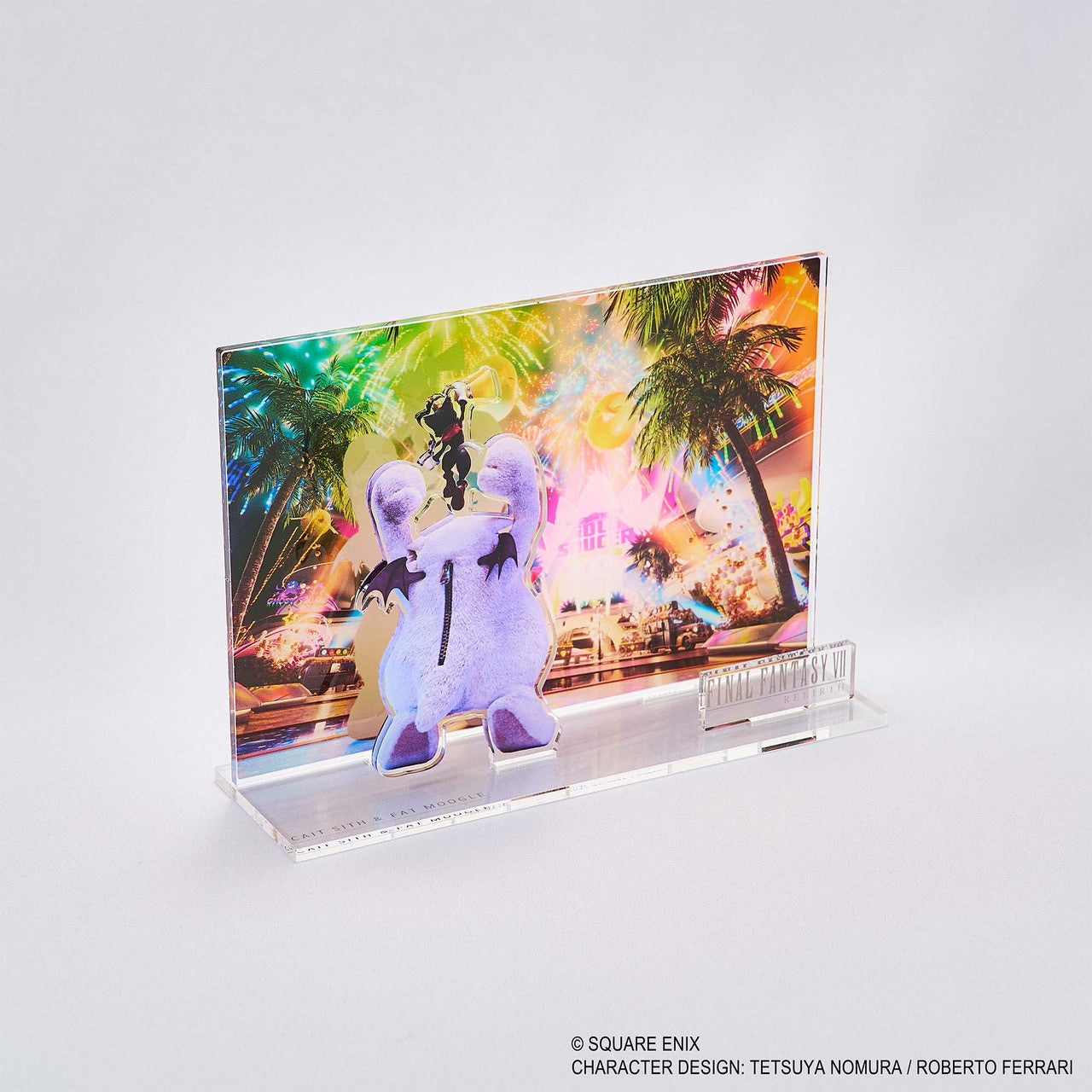 Final Fantasy VII Rebirth Acrylic Diorama - Cait Sith & Fat Moogle (PREORDER) - Acrylic diorama featuring purple Cait Sith and white Fat Moogle figures with colorful tropical background and clear stand.