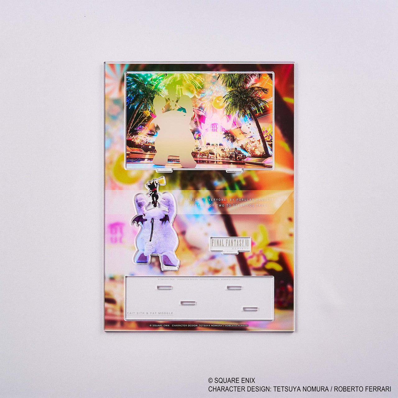 Final Fantasy VII Rebirth Acrylic Diorama - Cait Sith & Fat Moogle (PREORDER) - Final Fantasy VII Rebirth acrylic diorama featuring colorful background with Cait Sith and Fat Moogle characters in.
