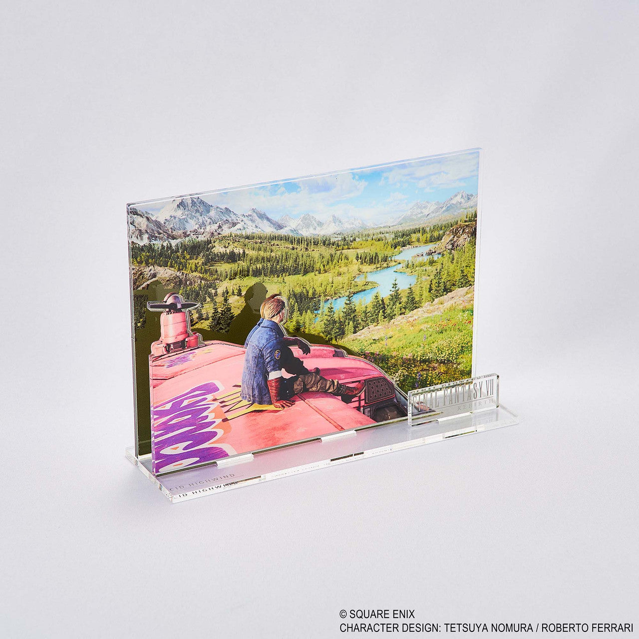 Final Fantasy VII Rebirth Acrylic Diorama - Cid (PREORDER) - Acrylic diorama featuring Cid sitting on a red train engine with a vibrant green landscape and blue sky background, mounted.