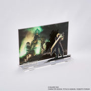 Final Fantasy VII Rebirth Acrylic Diorama - Cloud (PREORDER) - Clear acrylic diorama featuring Cloud holding a large sword with a green-lit industrial city backdrop from Final Fantasy VII