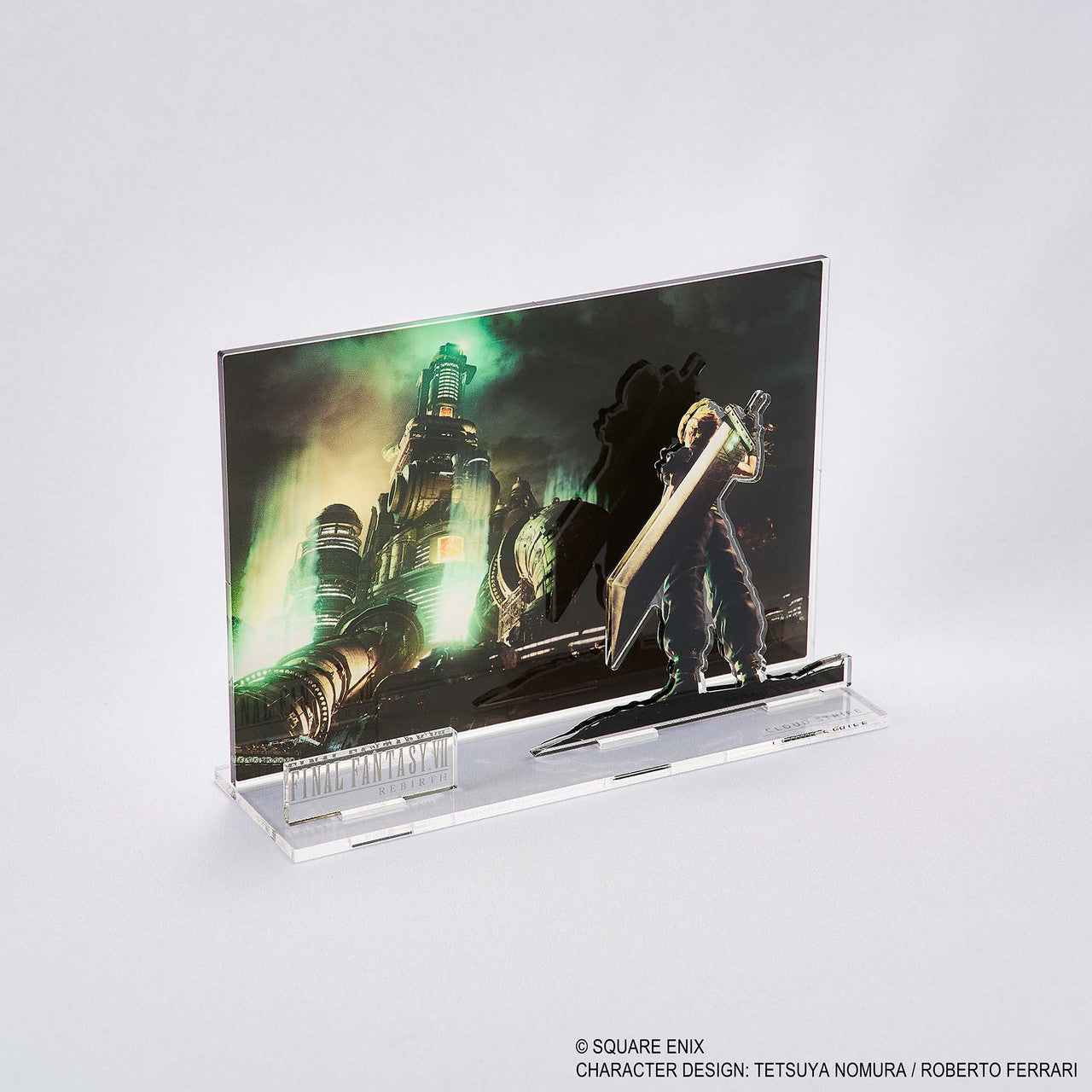 Final Fantasy VII Rebirth Acrylic Diorama - Cloud (PREORDER) - Clear acrylic diorama featuring Cloud holding a large sword with a green-lit industrial city backdrop from Final Fantasy VII