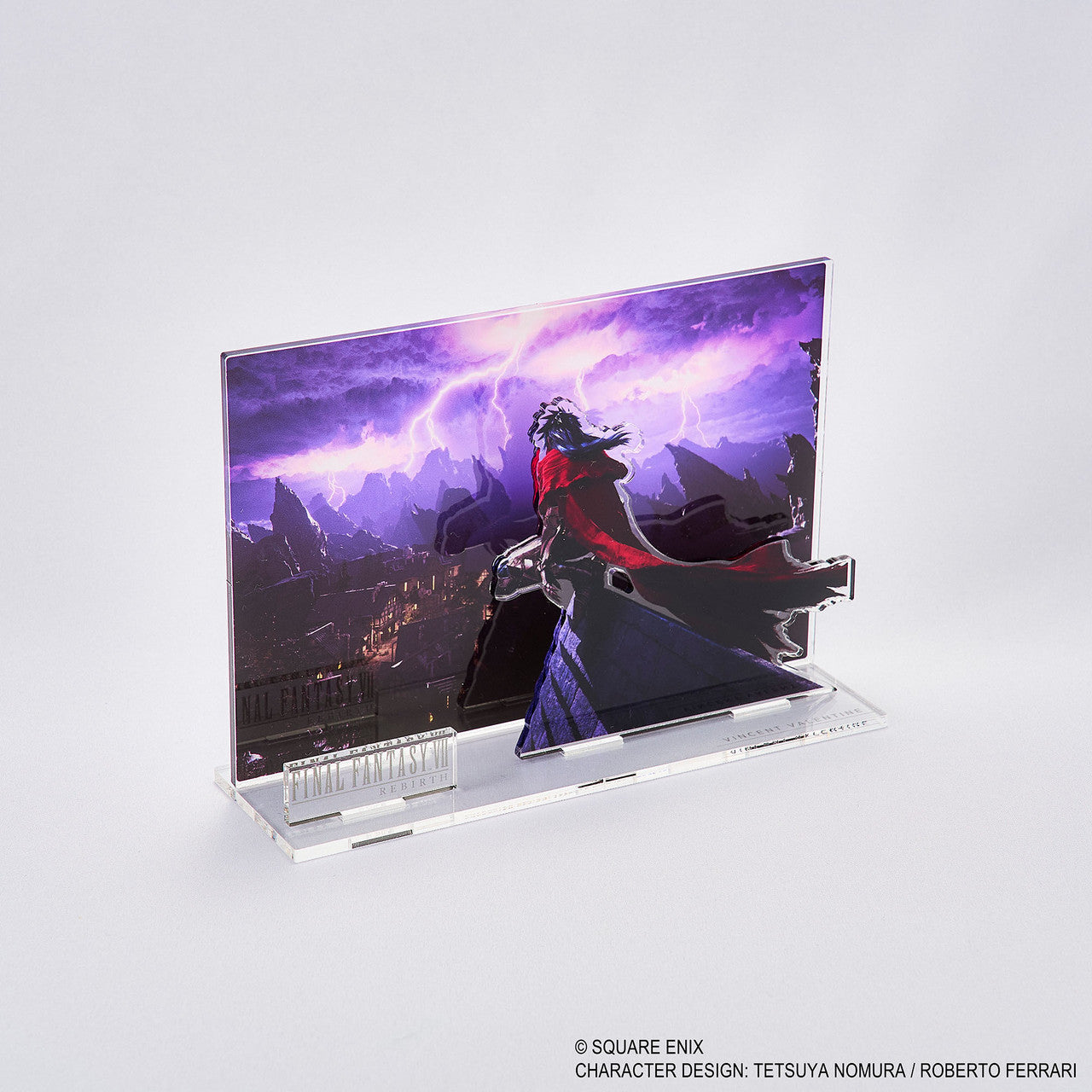 Final Fantasy VII Rebirth Acrylic Diorama - Vincent (PREORDER) - Clear acrylic diorama featuring Vincent from Final Fantasy VII Rebirth with purple stormy background and figure in black and