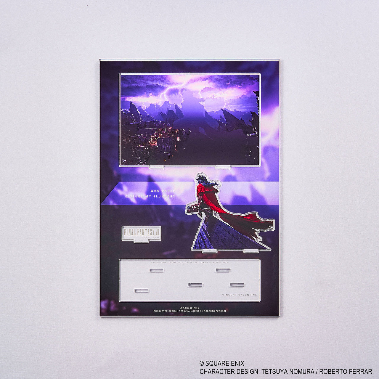 Final Fantasy VII Rebirth Acrylic Diorama - Vincent (PREORDER) - Rectangular acrylic diorama featuring purple lightning storm background and Vincent wearing red cape in dynamic pose, with.
